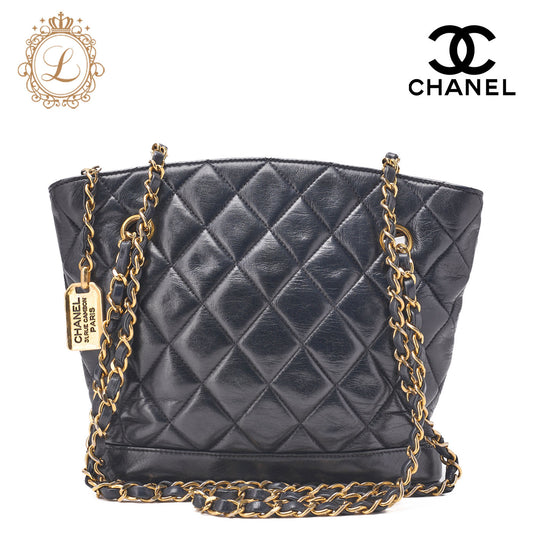 CHANEL Shoulder Bag Matelasse Plate Charm Fan Shaped Chain Shoulder Lambskin Navy Gold-Tone Hardware, Pre-Owned