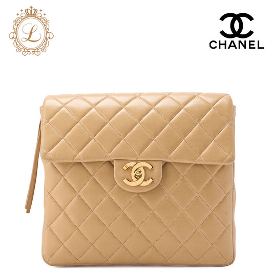 CHANEL Shoulder Bag Rucksack Lambskin Matelasse Turnlock Beige Gold-Tone Hardware, Pre-Owned