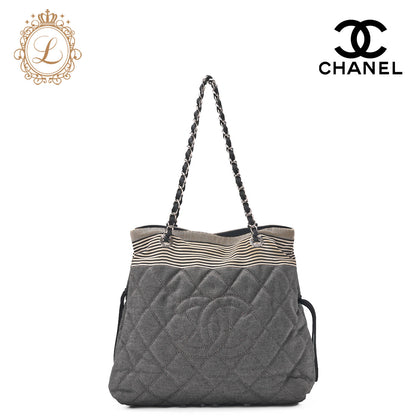 CHANEL Shoulder Bag Denim Coco Mark Gray Silver-Tone Hardware, Pre-Owned
