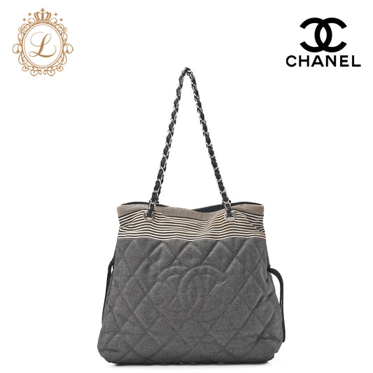 CHANEL Shoulder Bag Denim Coco Mark Gray Silver-Tone Hardware, Pre-Owned