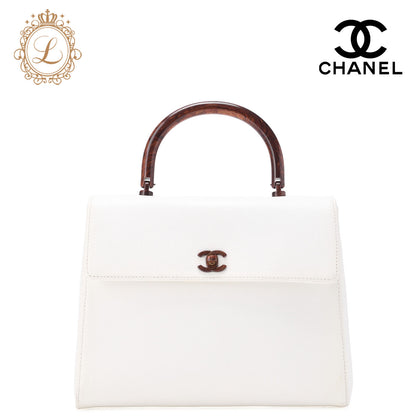 CHANEL Handbag Turnlock Kelly Shape Wood Pattern Caviar Skin White Gold-Tone Hardware, Pre-Owned