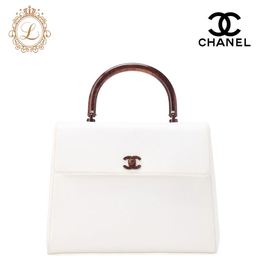 CHANEL Handbag Turnlock Kelly Shape Wood Pattern Caviar Skin White Gold-Tone Hardware, Pre-Owned