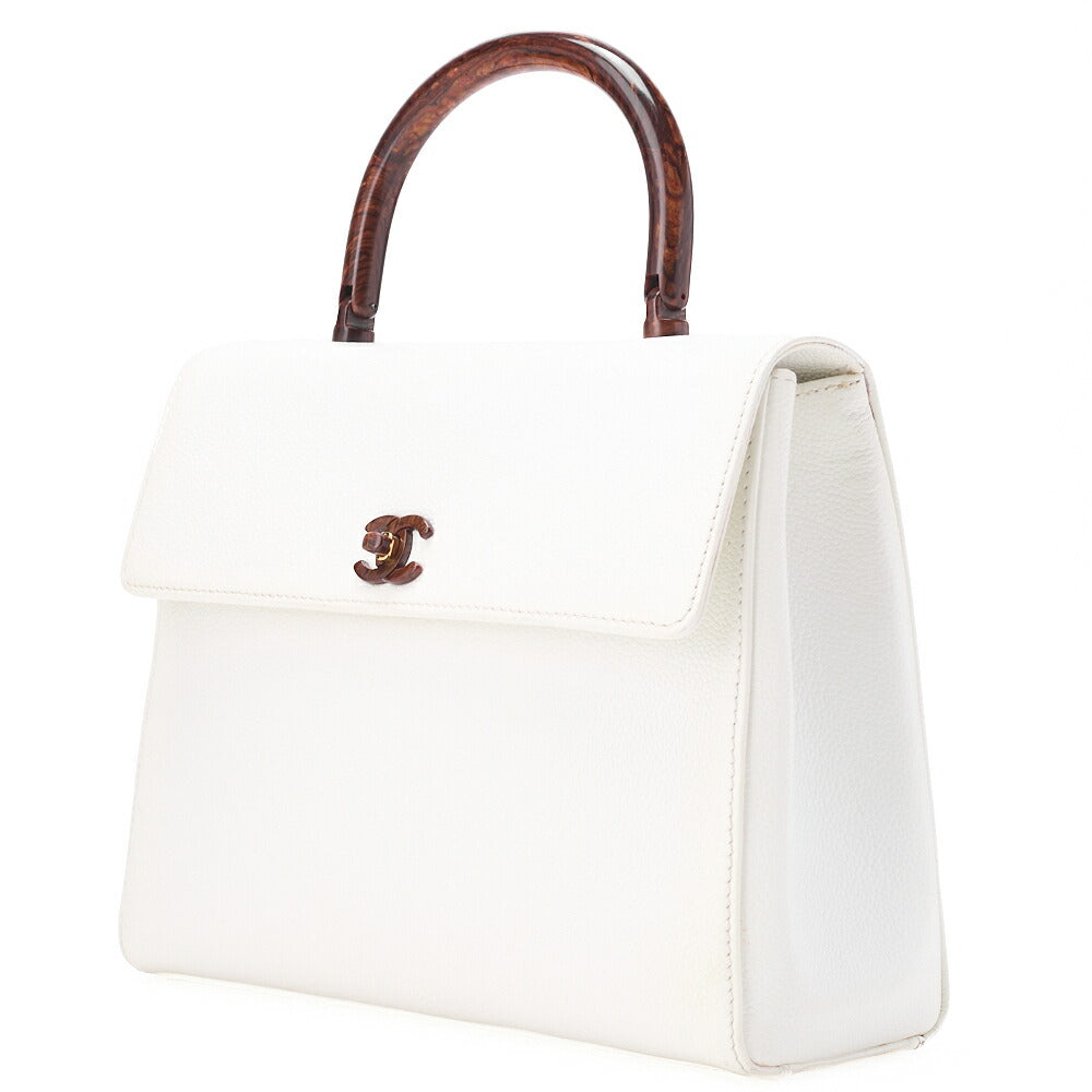 CHANEL Handbag Turnlock Kelly Shape Wood Pattern Caviar Skin White Gold-Tone Hardware, Pre-Owned