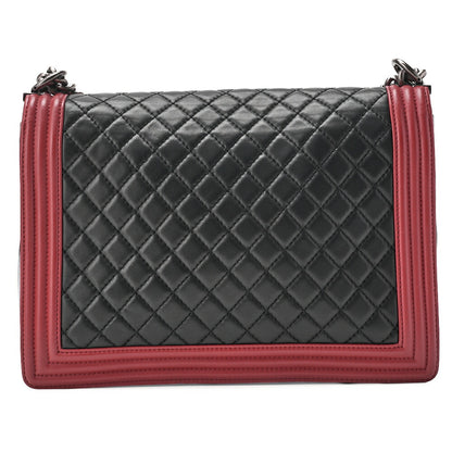 CHANEL Boy Chanel Matelasse Chain Shoulder Lambskin Black & Red Large Size Silver-Tone Hardware, Pre-Owned