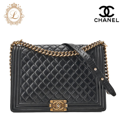 CHANEL Handbag Boston Bag Calfskin Matelasse Braided 2-Way White & Black Silver-Tone Hardware, Pre-Owned
