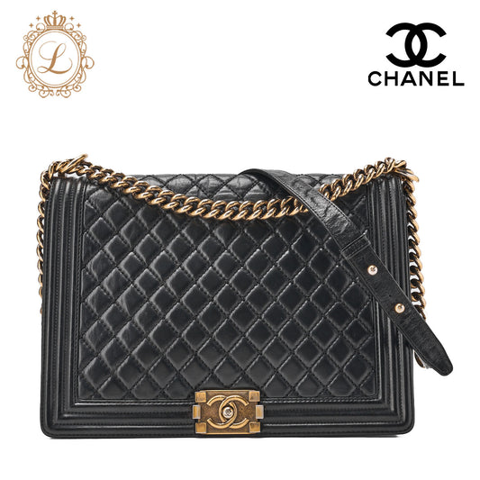 CHANEL Handbag Boston Bag Calfskin Matelasse Braided 2-Way White & Black Silver-Tone Hardware, Pre-Owned