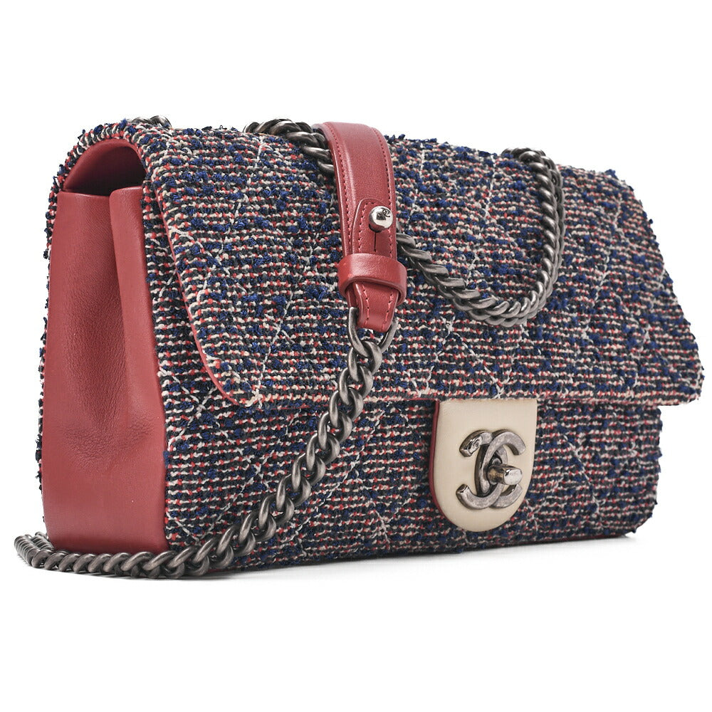CHANEL Shoulder Bag Matelasse Single Flap Tweed Red &  Navy Silver-Tone Hardware, Pre-Owned