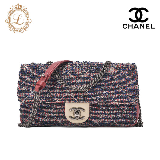 CHANEL Shoulder Bag Matelasse Single Flap Tweed Red &  Navy Silver-Tone Hardware, Pre-Owned