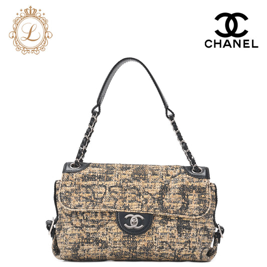 CHANEL One Shoulder Bag Turnlock Tweed Pattern Canvas Bicolor Silver-Tone Hardware, Pre-Owned