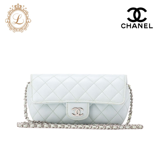 CHANEL Matelasse Shoulder Bag Caviar Skin Glasses Case Light Blue Mini Shoulder Bag Silver-Tone Hardware, Pre-Owned