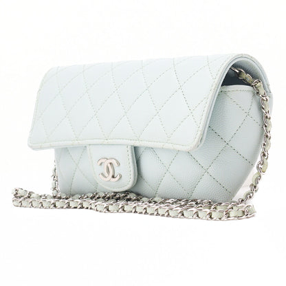CHANEL Matelasse Shoulder Bag Caviar Skin Glasses Case Light Blue Mini Shoulder Bag Silver-Tone Hardware, Pre-Owned