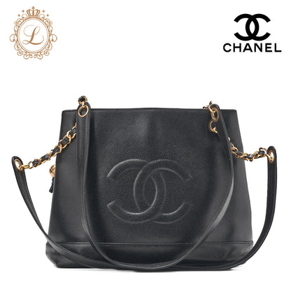 CHANEL Shoulder Bag Coco Mark Ball Charm Caviar Skin Black Gold-Tone Hardware, Pre-Owned