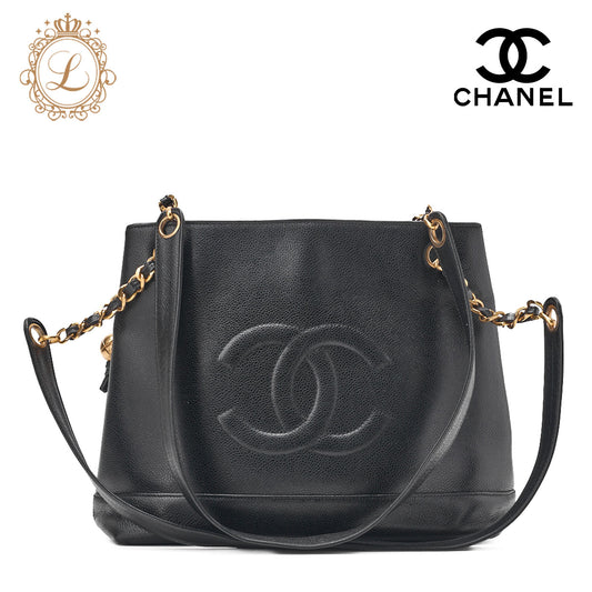 CHANEL Shoulder Bag Coco Mark Ball Charm Caviar Skin Black Gold-Tone Hardware, Pre-Owned