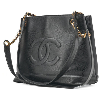 CHANEL Shoulder Bag Coco Mark Ball Charm Caviar Skin Black Gold-Tone Hardware, Pre-Owned