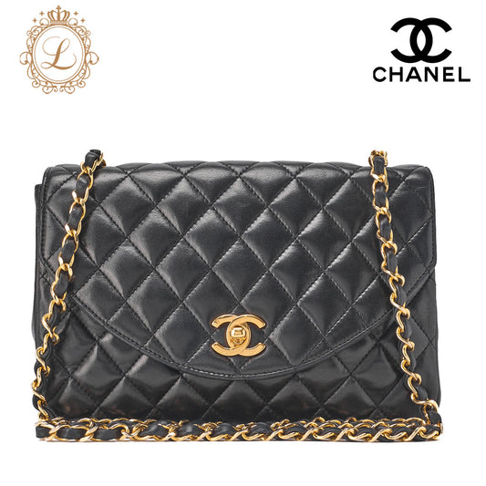CHANEL Chain Shoulder Bag Matlasse Lambskin Black Round Flap Turnlock Gold-Tone Hardware, Pre-Owned