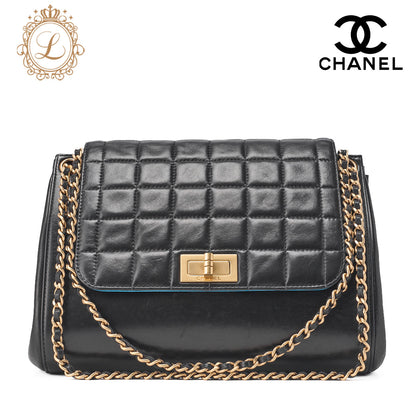 CHANEL Chanel Chocolate Bar 2.55 Lock Chain Shoulder Lambskin Black  Blue Gold-Tone Hardware, Pre-Owned