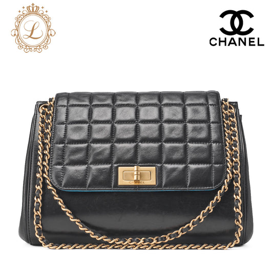 CHANEL Chanel Chocolate Bar 2.55 Lock Chain Shoulder Lambskin Black  Blue Gold-Tone Hardware, Pre-Owned