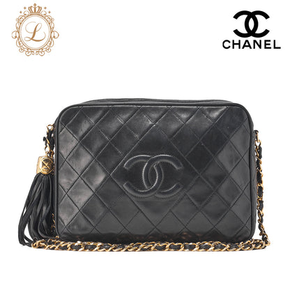 CHANEL Matlasse Coco Mark Fringe Chain Shoulder Lambskin Black Gold-Tone Hardware, Pre-Owned