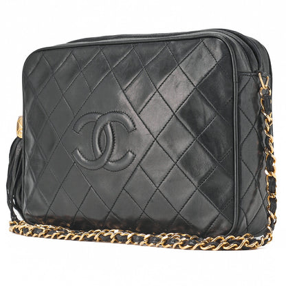 CHANEL Matlasse Coco Mark Fringe Chain Shoulder Lambskin Black Gold-Tone Hardware, Pre-Owned