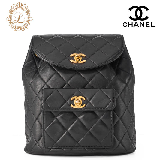 CHANEL Matlasse Outside Flap Turnlock Chain Backpack Lambskin Black Gold-Tone Hardware, Pre-Owned