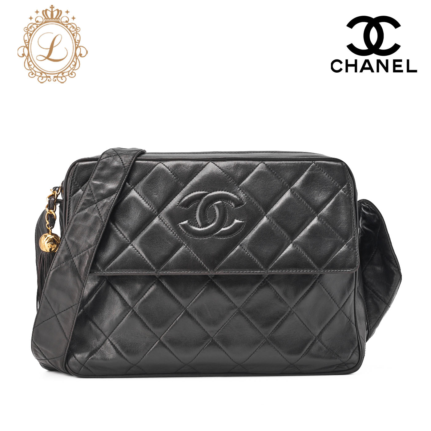 CHANEL Matlasse Coco Mark Fringe Large Size Shoulder Lambskin Black Gold-Tone Hardware, Pre-Owned