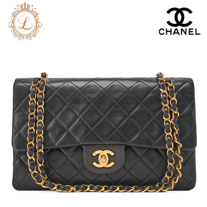 CHANEL Shoulder Bag Matelassé Double Flap 25cm Chain Shoulder Lambskin Black Gold-Tone Hardware, Pre-Owned