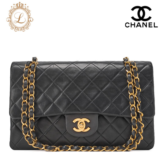 CHANEL Shoulder Bag Matelassé Double Flap 25cm Chain Shoulder Lambskin Black Gold-Tone Hardware, Pre-Owned