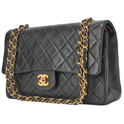 CHANEL Shoulder Bag Matelassé Double Flap 25cm Chain Shoulder Lambskin Black Gold-Tone Hardware, Pre-Owned