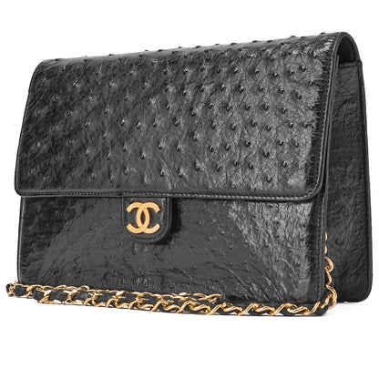 CHANEL Chain Shoulder Bag Matelassé Push Lock Ostrich Black Gold-Tone Hardware, Pre-Owned
