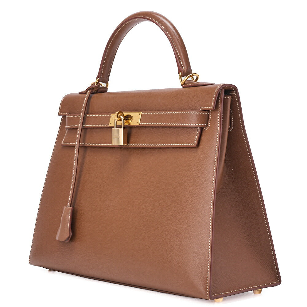 HERMES Kelly 32 External Stitching Handbag Gulliver Brown Gold-Tone Hardware, Pre-Owned