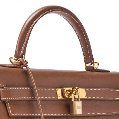 HERMES Kelly 32 External Stitching Handbag Gulliver Brown Gold-Tone Hardware, Pre-Owned