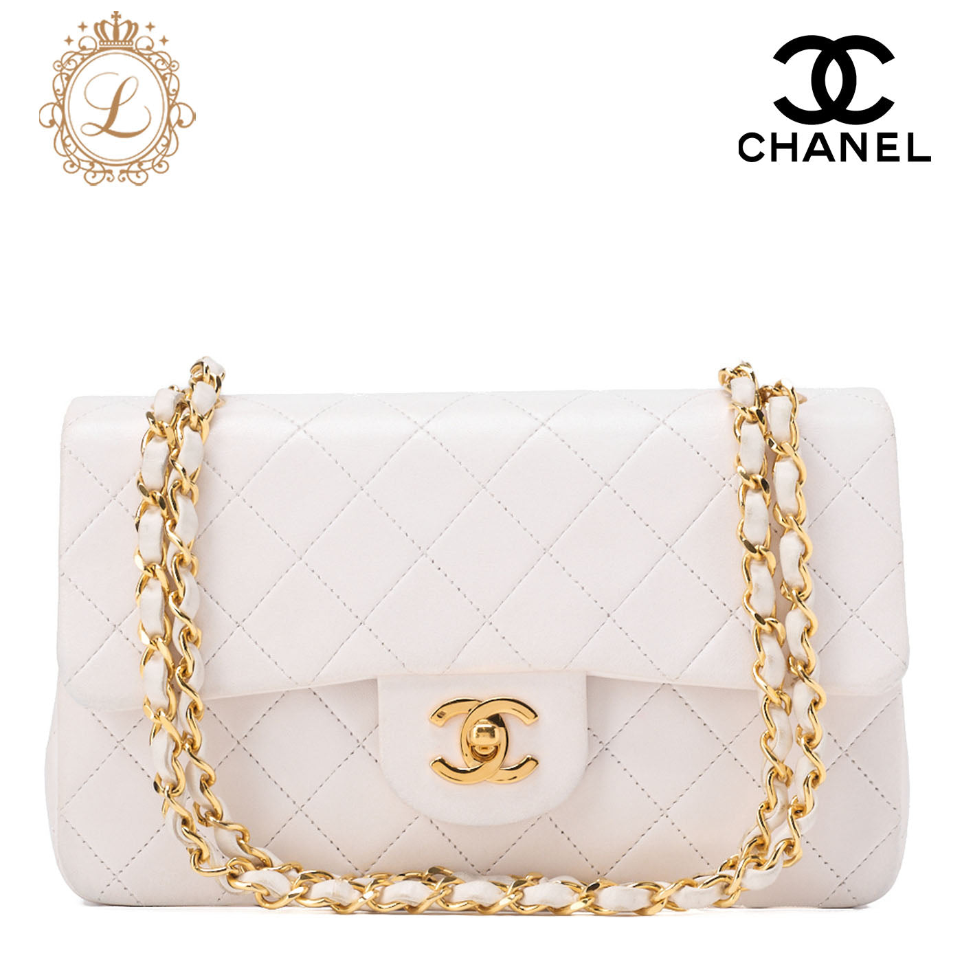 CHANEL Shoulder Bag Matlasse Double Flap 23cm Chain Shoulder Lambskin White Gold-Tone Hardware, Pre-Owned