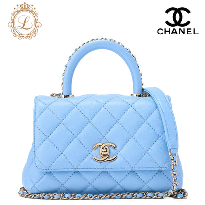 CHANEL Shoulder Bag Handbag Matelassé Coco Handle 2WAY Caviar Skin Light Blue Gold-Tone Hardware, Pre-Owned