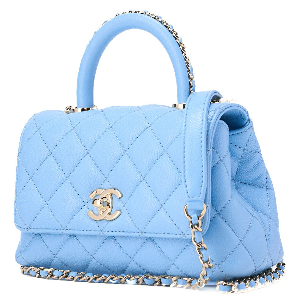 CHANEL Shoulder Bag Handbag Matelassé Coco Handle 2WAY Caviar Skin Light Blue Gold-Tone Hardware, Pre-Owned