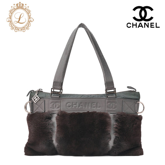 CHANEL Cocomark Sportline Tote Bag Lambskin  Fur Bicolor Silver-Tone Hardware, Pre-Owned