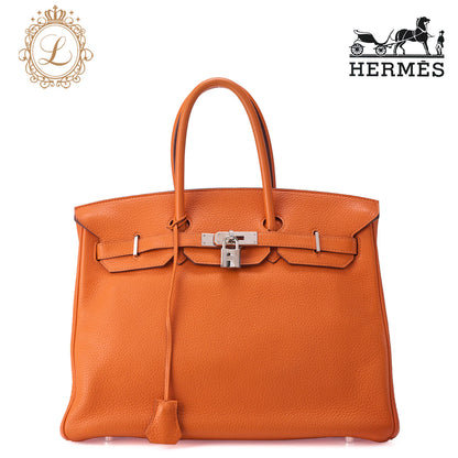 HERMES Birkin 35 Handbag Tryon Orange Silver-Tone Hardware, Pre-Owned
