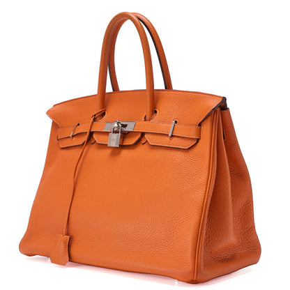 HERMES Birkin 35 Handbag Tryon Orange Silver-Tone Hardware, Pre-Owned