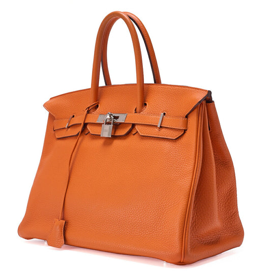 HERMES Birkin 35 Handbag Tryon Orange Silver-Tone Hardware, Pre-Owned