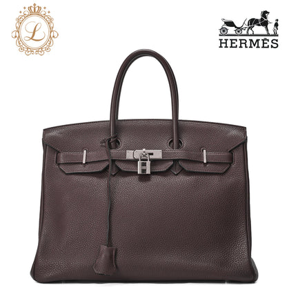 HERMES Birkin 35 Handbag Tryon Chocolat Silver-Tone Hardware, Pre-Owned