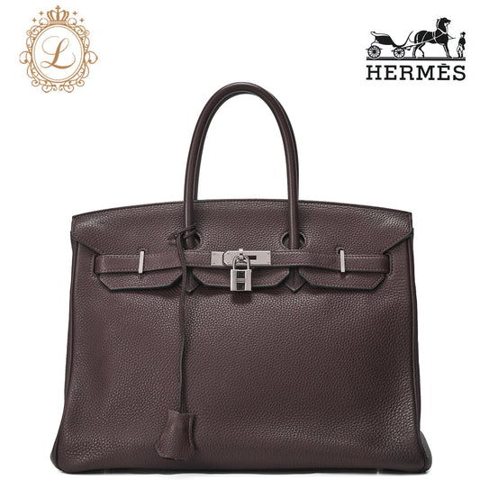 HERMES Birkin 35 Handbag Tryon Chocolat Silver-Tone Hardware, Pre-Owned