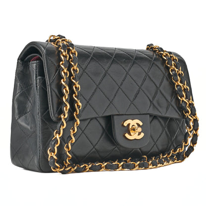 CHANEL Chain Shoulder Bag Matelassé Double Flap 23cm Lambskin Black Gold-Tone Hardware, Pre-Owned