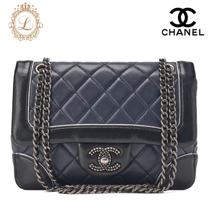 CHANEL Chain Shoulder Bag Mini Matelassé Lambskin Bicolor Single Flap Turnlock Silver-Tone Hardware, Pre-Owned