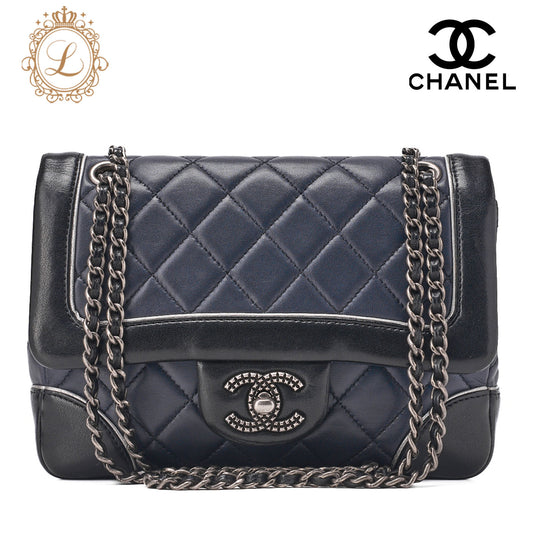 CHANEL Chain Shoulder Bag Mini Matelassé Lambskin Bicolor Single Flap Turnlock Silver-Tone Hardware, Pre-Owned