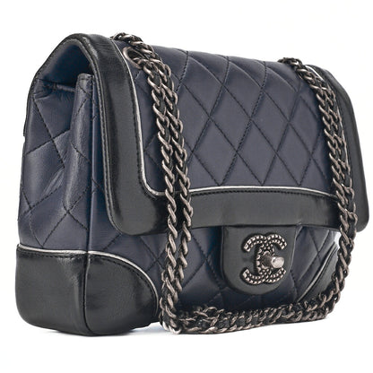 CHANEL Chain Shoulder Bag Mini Matelassé Lambskin Bicolor Single Flap Turnlock Silver-Tone Hardware, Pre-Owned