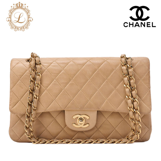 CHANEL Shoulder Bag Matelassé Double Flap 25cm Chain Shoulder Lambskin Beige Gold-Tone Hardware, Pre-Owned