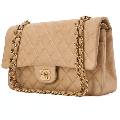 CHANEL Shoulder Bag Matelassé Double Flap 25cm Chain Shoulder Lambskin Beige Gold-Tone Hardware, Pre-Owned