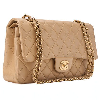 CHANEL Shoulder Bag Matelassé Double Flap 25cm Chain Shoulder Lambskin Beige Gold-Tone Hardware, Pre-Owned
