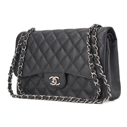 CHANEL Chain Shoulder Bag Deca Matelassé 30cm Double Flap Caviar Skin Black Gold-Tone Hardware, Pre-Owned