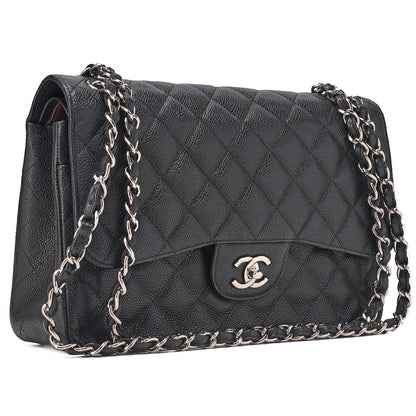 CHANEL Chain Shoulder Bag Deca Matelassé 30cm Double Flap Caviar Skin Black Gold-Tone Hardware, Pre-Owned