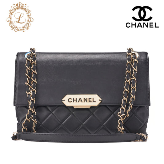 CHANEL Matelassé Push Lock Logo Chain Shoulder Lambskin Black Gold-Tone Hardware, Pre-Owned